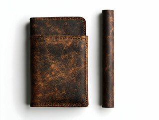 Brown leather wallet and pen on a white isolated background for modern lifestyle and stylish accessories.