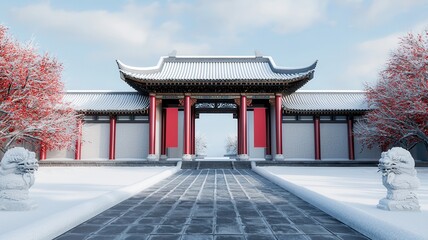 Fototapeta premium A serene winter scene featuring a traditional archway surrounded by snow-covered trees, evoking a sense of tranquility and cultural beauty.