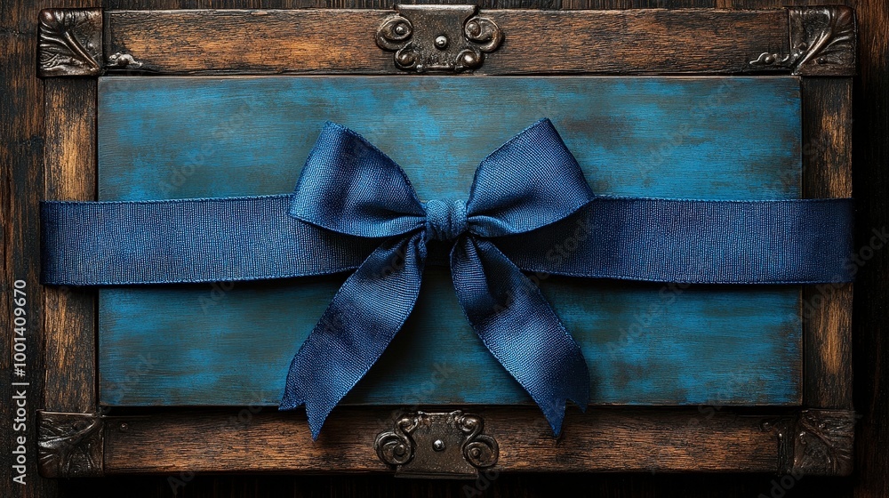 Poster a blue ribbon tied in a bow rests on a weathered wooden box with a blue painted interior, creating a