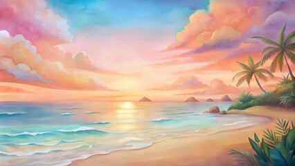 Tropical seascape at sunset background,, serene mood, painting with palm trees and ocean waves, vibrant colors
