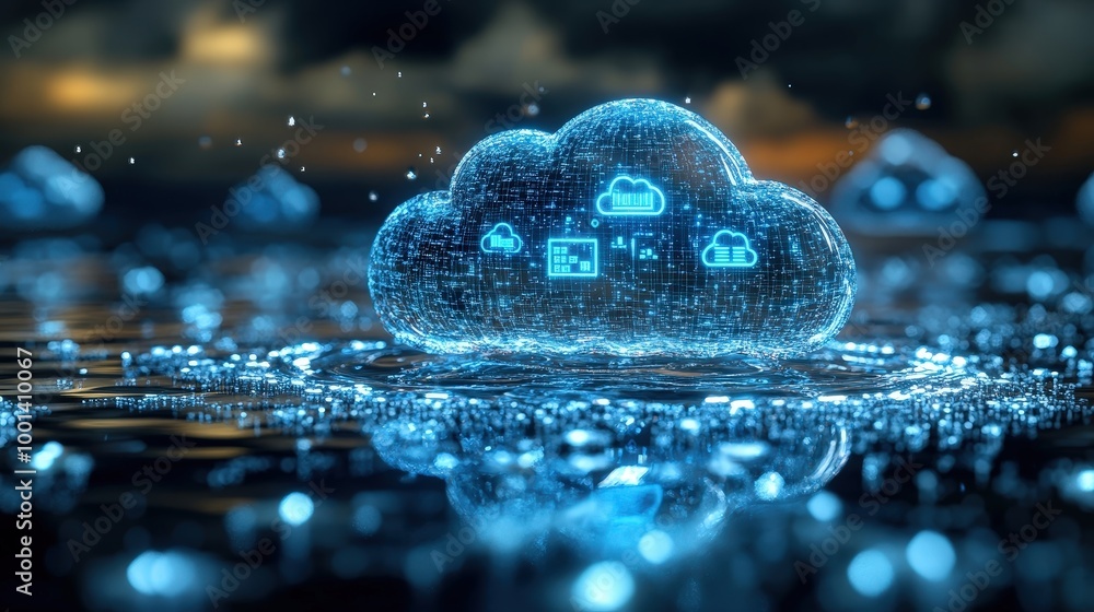 Poster a glowing blue cloud computing network icon floats above a rippling body of water, symbolizing the v