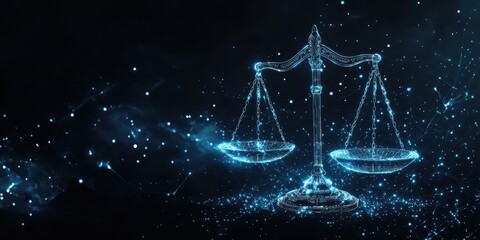 A digital illustration of scales, representing justice and the law in virtual space, with glowing blue lines forming an intricate network around them. 