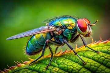A Fearless Fly Perched on a Leaf Against a Bright Green Background in Nature's Serenity