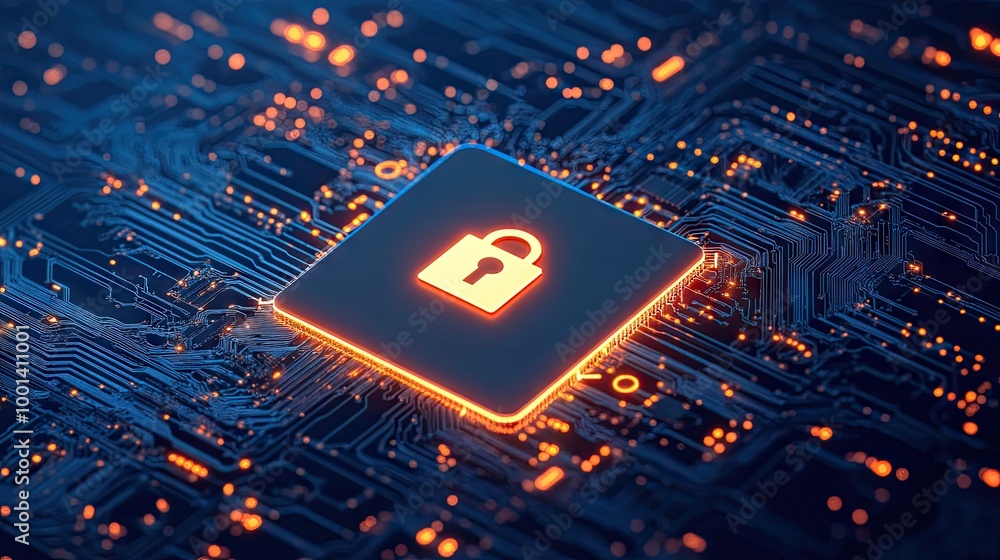Poster a glowing circuit board highlighted with an encryption symbol in vibrant blue and orange, representi