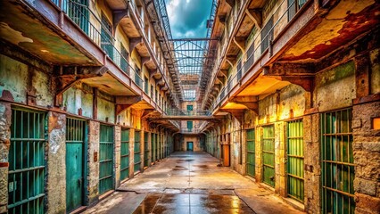 Fototapeta premium Abandoned Cell Block Interior with Rusty Bars and Concrete Walls in a Derelict Prison Facility