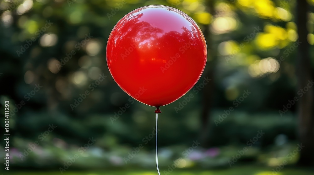 Poster a single red balloon floating against a blurred green background, a symbol of hope and joy in a worl