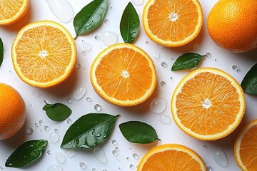 A close up of oranges and leaves on a white background