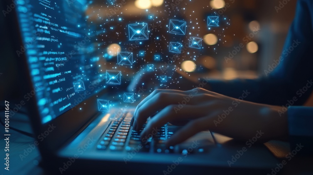 Poster an office employee types on a keyboard with floating wireframe email icons on a blue background, sym