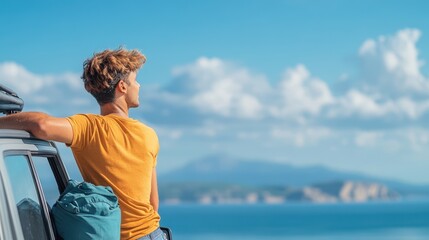 Fototapeta premium Man looking at ocean view from car window road trip adventure summer travel