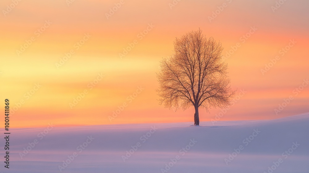 Poster A lone tree against a radiant sunset or sunrise sky, with hues of orange and pink, capturing the magical atmosphere of Christmas