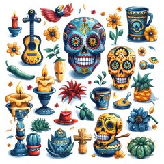Mexican Day of the Dead Decorations Bundle - Sugar Skulls, Catrina, Pinata, Maracas, Guitar, and More - Isolated on White Background - Vector Illustration