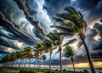 Fototapeta premium Dark stormy clouds swirl above palm trees bending in strong winds as powerful hurricane-force gusts sweep across coastal landscape, with debris and destruction in its wake.