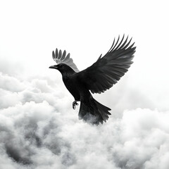 Fototapeta premium A majestic black crow soaring through fluffy clouds against a white background.