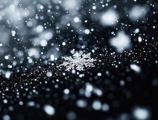 Snow falling on a black background, with snowflakes and particles in a depth of field