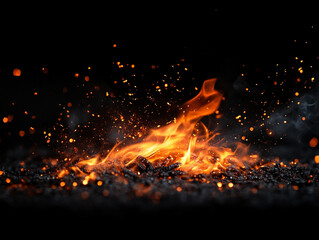 Fiery embers and particles over a black background, with burning coals and smoke