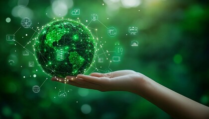 Hand holding green earth with clean energy icon standing on eco friendly icon, hand gently holding a green moss globe symbolizing Earth,