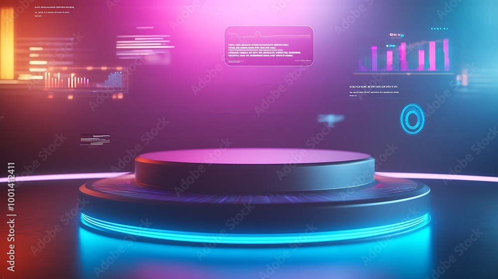 Poster futuristic pedestal with neon lighting and data visualizations.