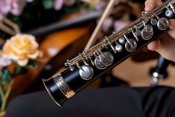 Fototapeta premium Clarinet in an orchestra, with the musician blowing into it, the instrument's shiny black body and silver keys highlighted under soft lighting