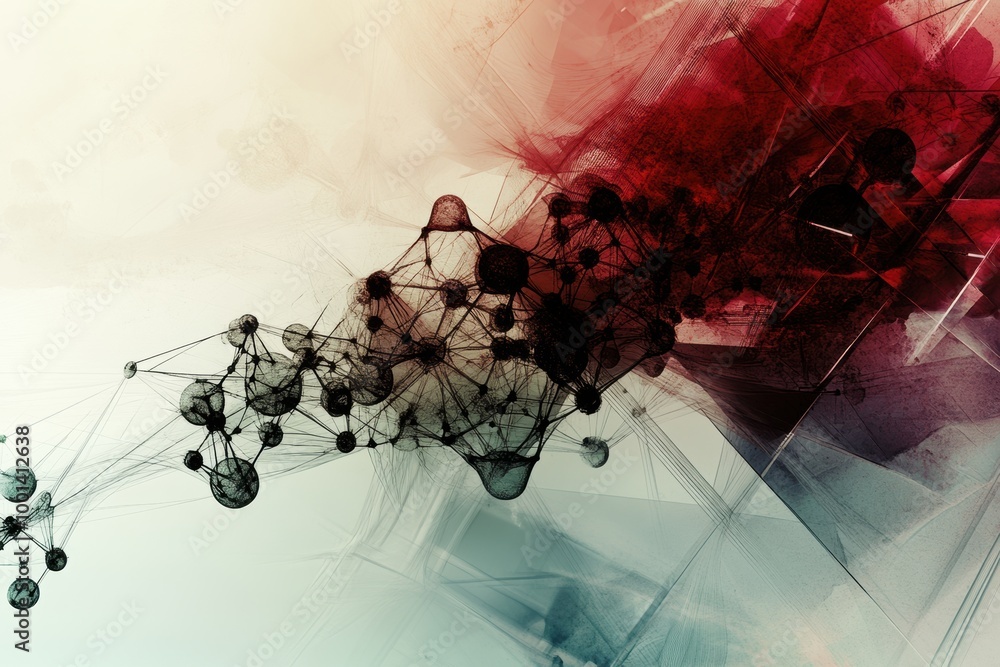 Poster exploring chemical structures and molecular designs in an abstract style with vibrant colors and int