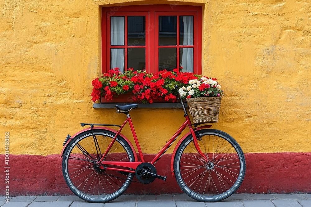 Poster a red bicycle is parked in front of a yellow building with a red window