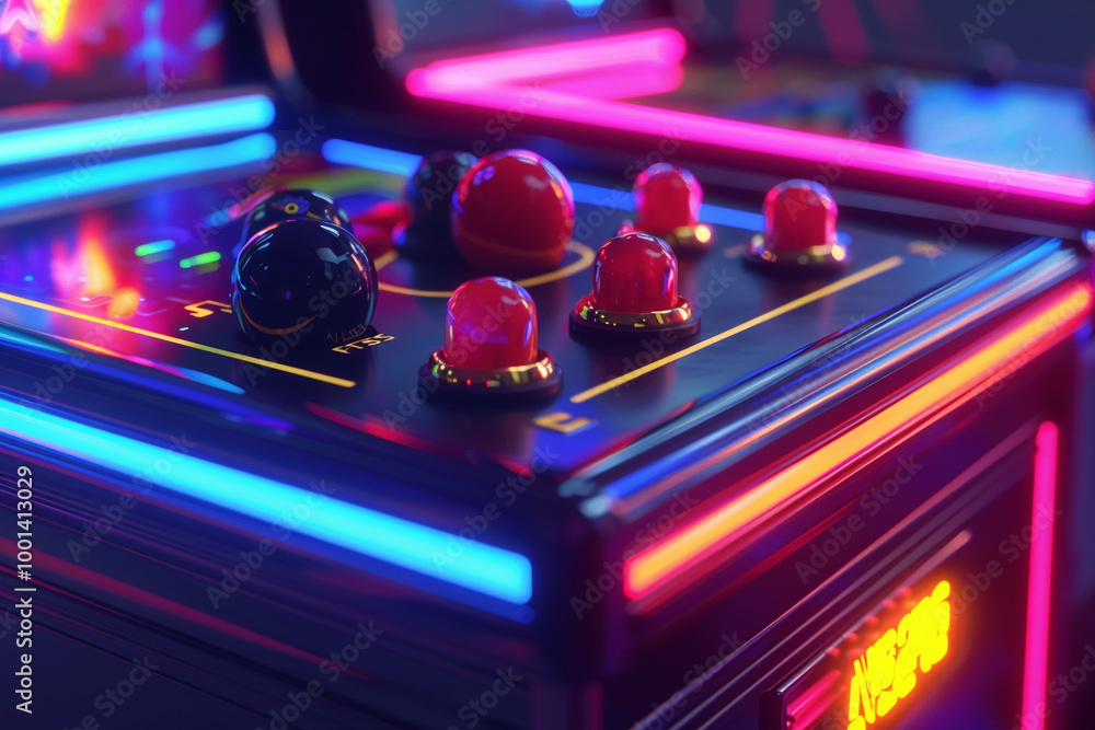 Poster classic arcade joystick and buttons on a neon 3d clean console the heart of retro gaming