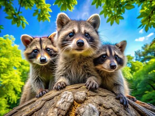 Obraz premium Adorable Raccoon Family Playing Together in Natural Habitat Under a Bright Blue Sky and Green Trees