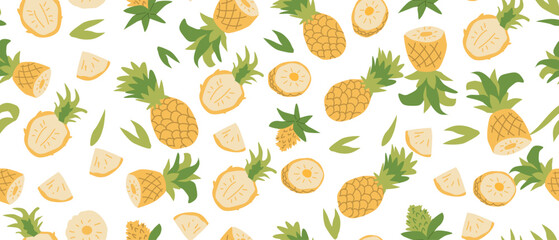 Hand drawn summer bright abstract fruit pattern with pineapple plant parts and sliced. Seamless pattern for textile, wrapping paper, posters. Fashion textures.