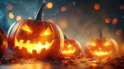 Fototapeta premium Halloween jack-o'-lanterns with glowing faces in a mystical autumn setting.