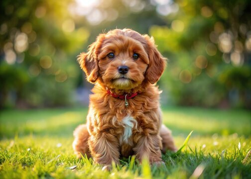 Adorable Red Cavapoo Puppy Sitting on Grass with a Bright Background and Playful Expression