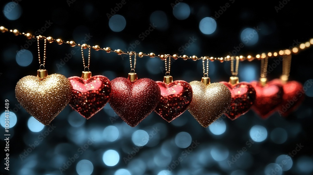 Poster a string of sparkling red and gold heart-shaped ornaments against a blurry blue and black background
