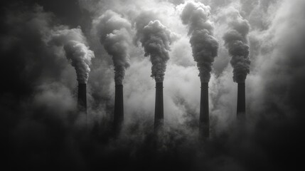 Fototapeta premium Industrial pollution: Factory chimneys, smokestacks, emitting fumes and clouds of toxic smog, pollution, chemicals. Global warming, climate change, cause and effect.