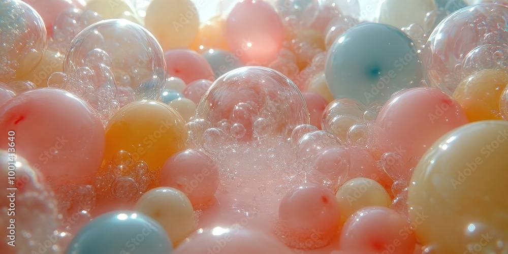 Poster A close-up view of soft pastel-colored bubbles floating in a delicate balance, creating a surreal and whimsical scene.