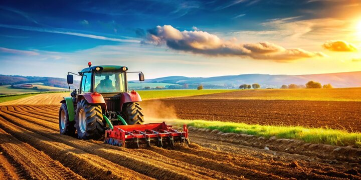 Agricultural Machinery Discing a Field Preparing Soil for Planting in Rural Landscape during Daylight