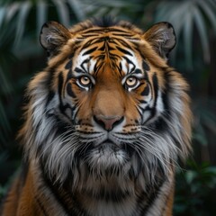 Fototapeta premium Siberian Tiger Portrait - Endangered Big Cat in Zoo Setting: Beautiful Yet Dangerous Predator with Striped Fur and Aggressive Expression