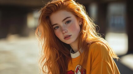 Young woman with striking red hair and freckles wearing a casual yellow top