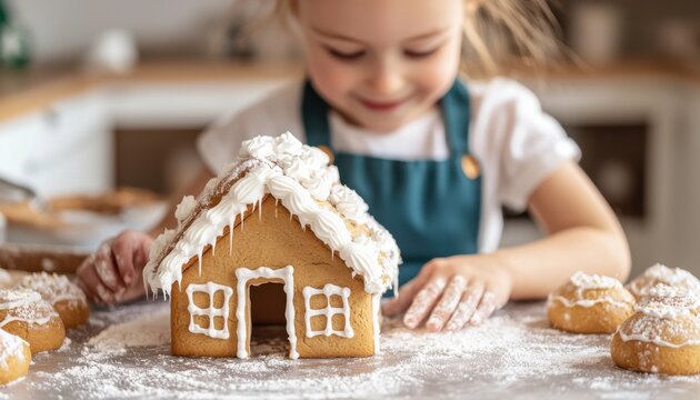 Child decorating gingerbread house with icing on kitchen table.