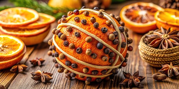 Aromatic pomander ball made of dried oranges, cloves, and spices for natural home fragrance display