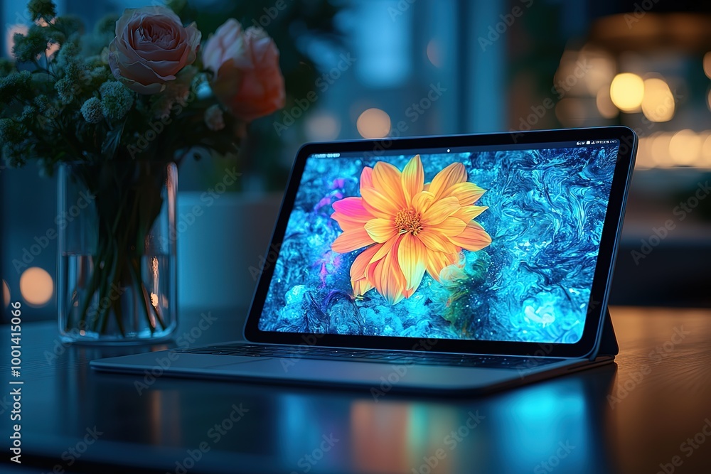 Poster a laptop computer is open to a screen displaying a colorful flower