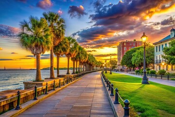 Naklejka premium Battery Park in Charleston, South Carolina with historical landmarks and scenic waterfront views