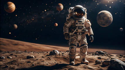 Obraz premium Futuristic astronaut in white spacesuit with helmet, isolated on space background