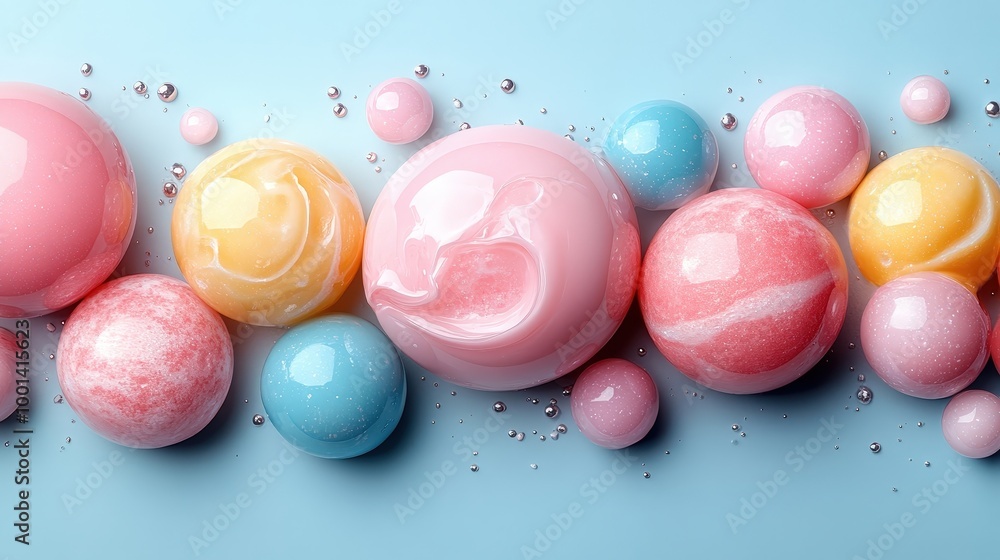Poster a symphony of pastel-colored orbs with glistening surfaces creates a mesmerizing display of abstract