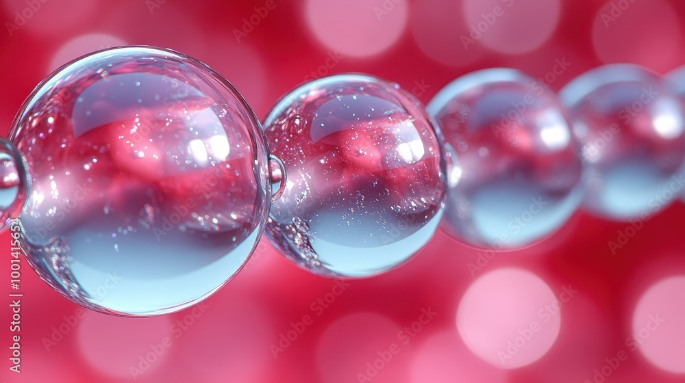 Poster A close-up of a string of translucent spheres with a pink bokeh background. The spheres appear to be made of glass or plastic, with a slight iridescent shimmer.