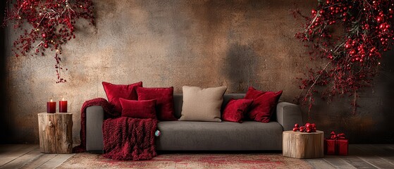 Cozy living room with gray sofa, red pillows, and warm decorative elements.