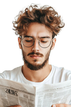 A man with glasses is reading a newspaper. on transparent background png