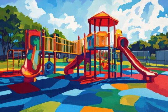 Capture a vibrant, sprawling playground during recess in vivid colors, blending traditional oil painting techniques with digital enhancements