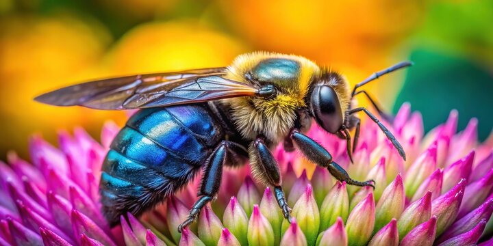 Beautiful close-up of Xylocopa virginica, the Eastern carpenter bee, resting on a flower in nature