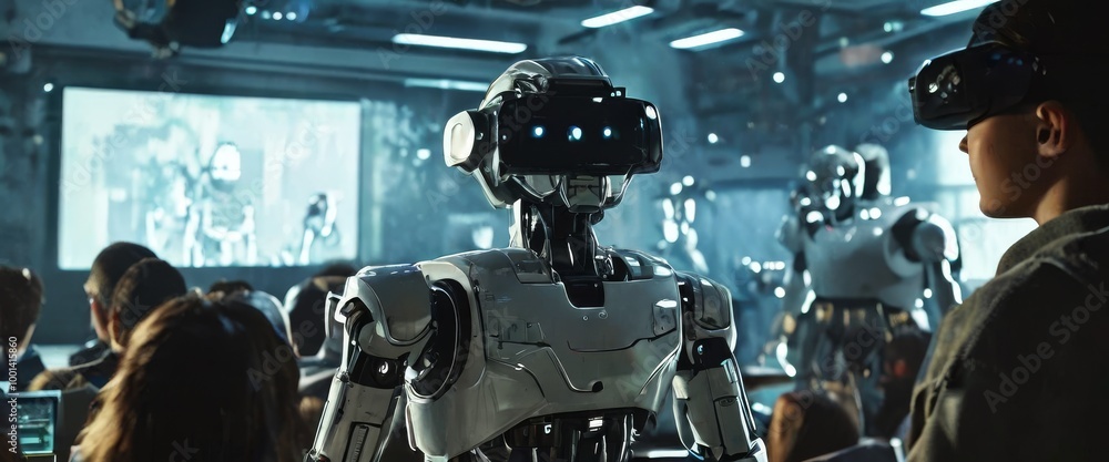 Poster in a futuristic high-tech environment, robots watch a presentation on large screens. the image highl