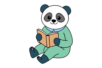 Panda in Pajamas Sipping Tea While Reading a Book Animal Clipart Vector Illustration