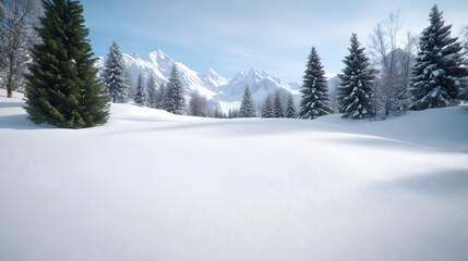 Scenic winter landscape with snow-covered trees, mountains, and a clear blue sky
