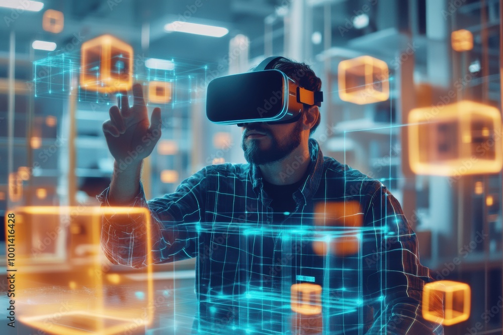Leinwandbilder a virtual reality designer engages with floating 3d objects in a modern studio, showcasing innovativ